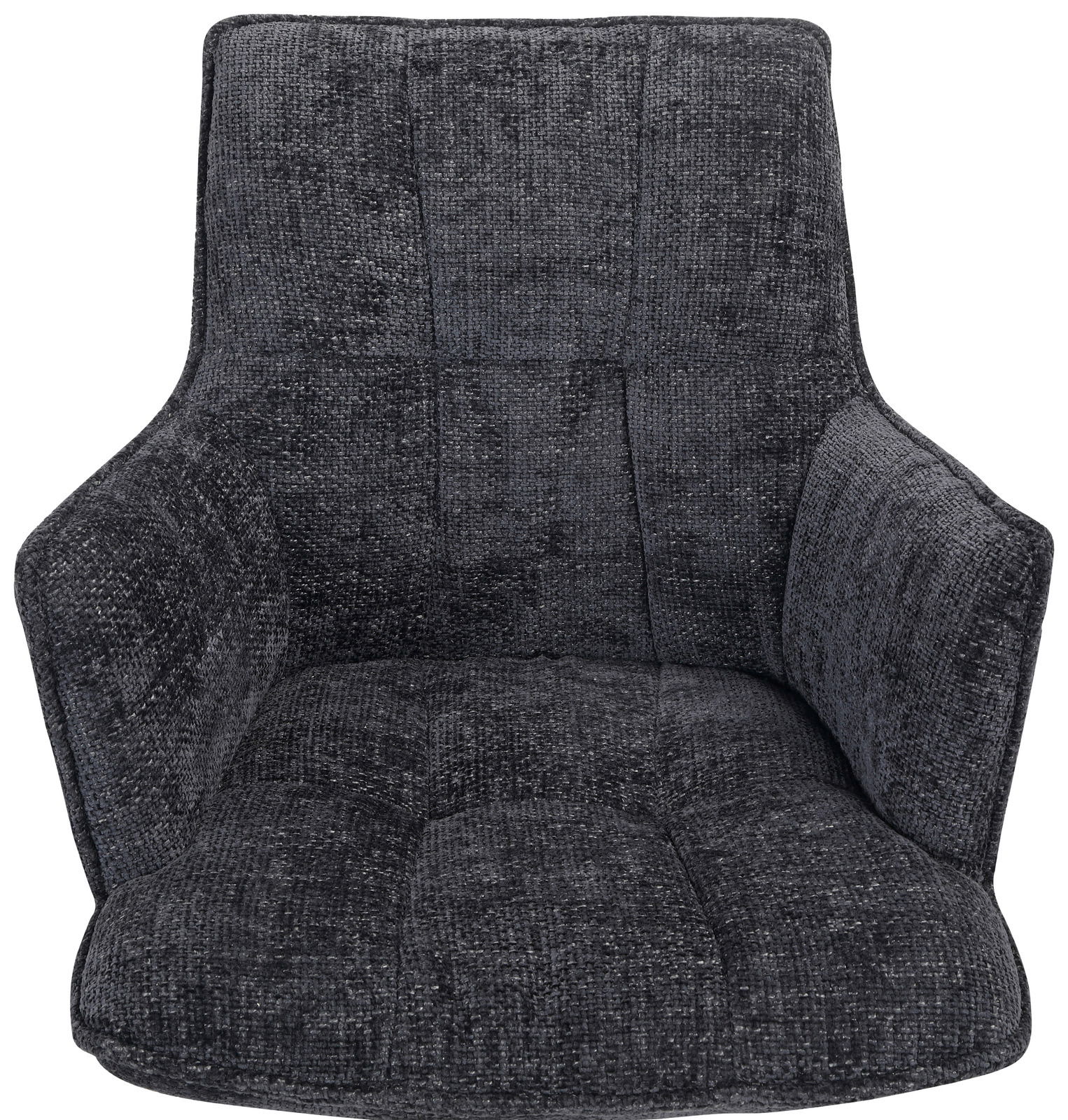 Vorderansicht eines modernen, dunkelgrauen Sessels mit gepolstertem Stoffbezug und hoher Rückenlehne.