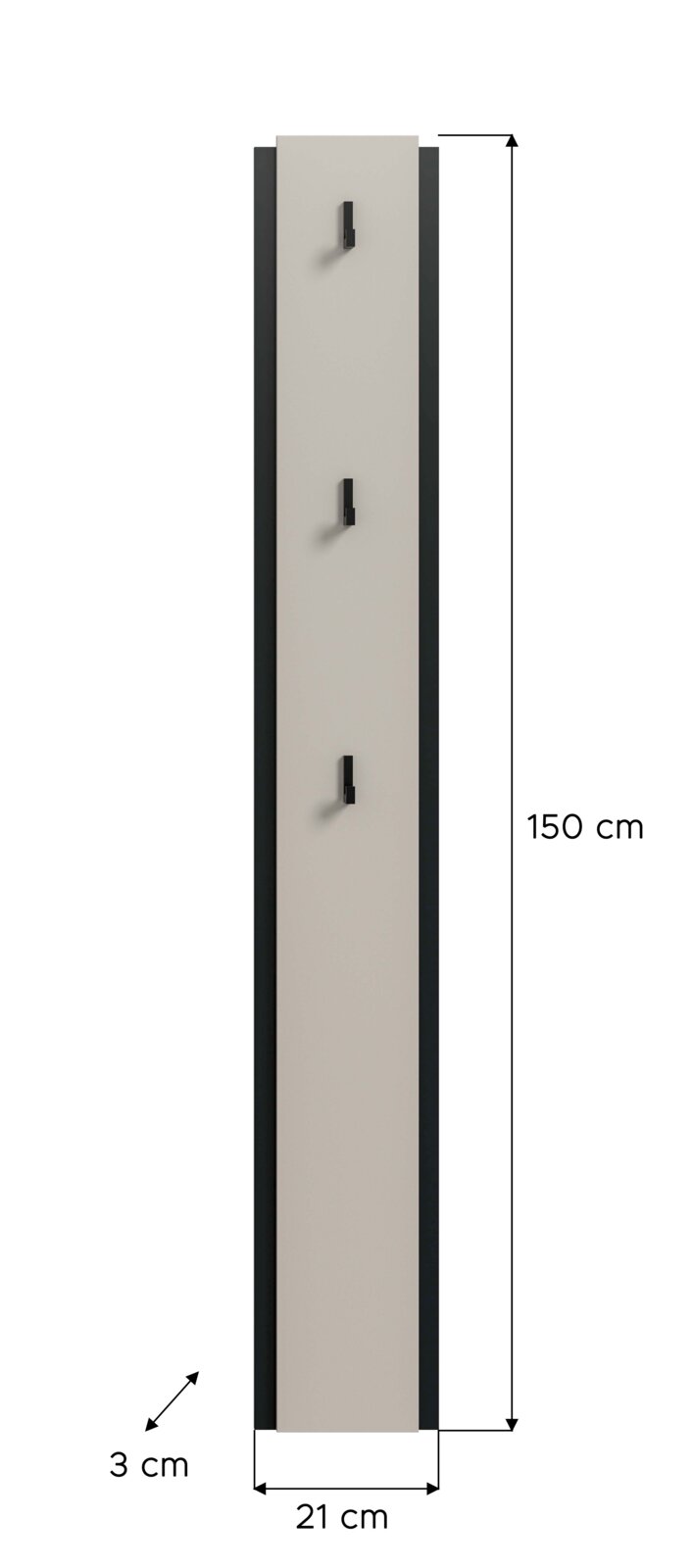 Schmale Wandgarderobe in Beige mit drei schwarzen Haken, Frontansicht, Maße ca. 150 cm hoch, 21 cm breit und 3 cm tief.