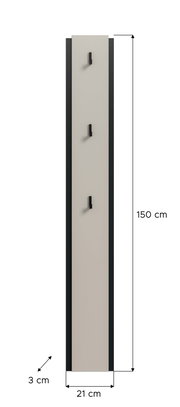 Schmale Wandgarderobe in Beige mit drei schwarzen Haken, Frontansicht, Maße ca. 150 cm hoch, 21 cm breit und 3 cm tief.