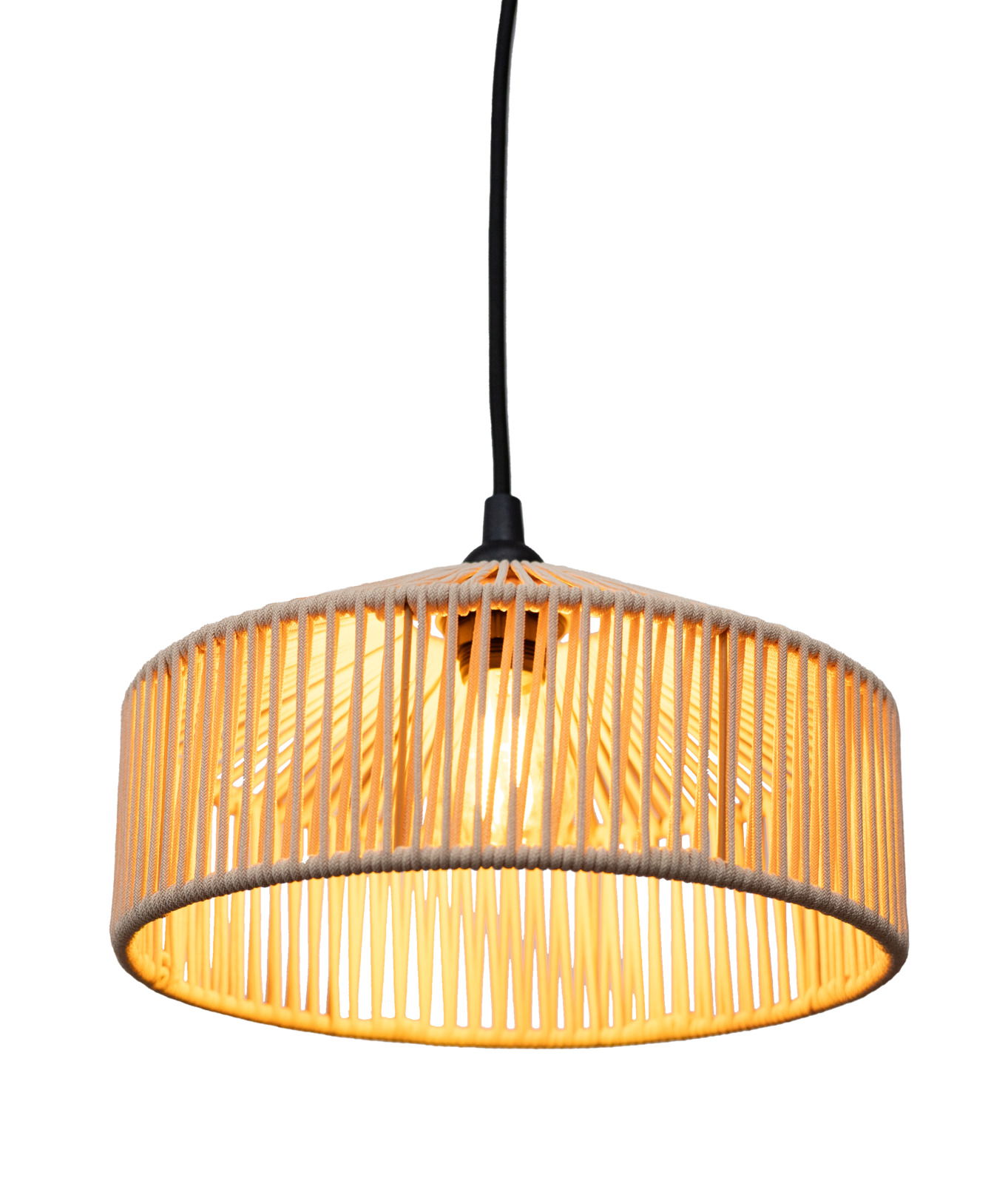 Outdoor-Hängeleuchte CALABARDINA mit geflochtenem Schirm, seitliche Perspektive