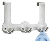 Edelstahl Türgarderobe Rondo mit drei Haken, frontal abgebildet, mit einem blauen Handtuch an einem Haken.