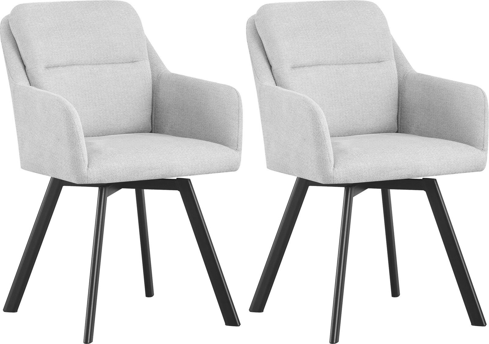 Zwei gepolsterte Esszimmerstühle mit Armlehnen in Beige und schwarzen Metallbeinen, schräg von vorne (3/4-Ansicht) freigestellt auf weißem Hintergrund