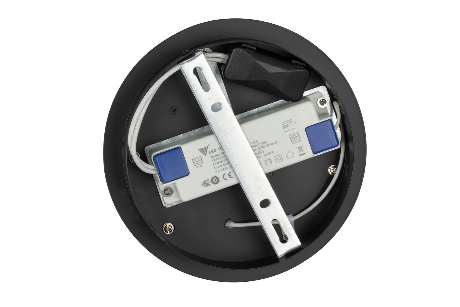 Rückansicht einer runden LED-Deckenleuchte mit sichtbarer Verkabelung und Montagehalterung.