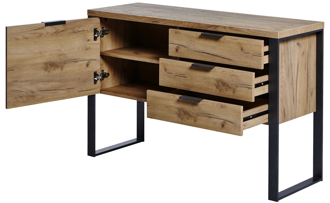 Holz-Sideboard mit drei offenen Schubladen und einer geöffneten Tür, seitliche Perspektive