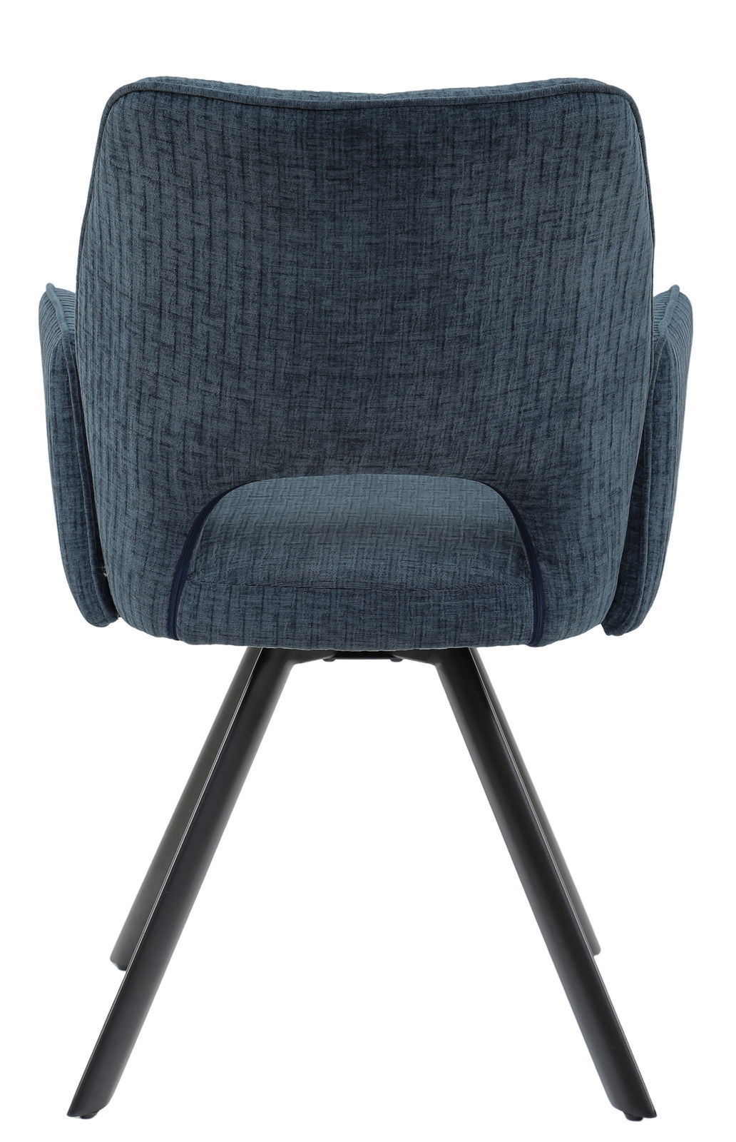 Rückansicht eines blauen Armlehnstuhls mit schwarzem Metallgestell