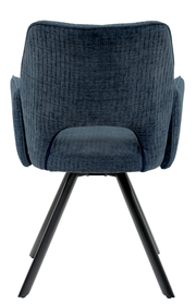 Rückansicht eines blauen Armlehnstuhls mit schwarzem Metallgestell