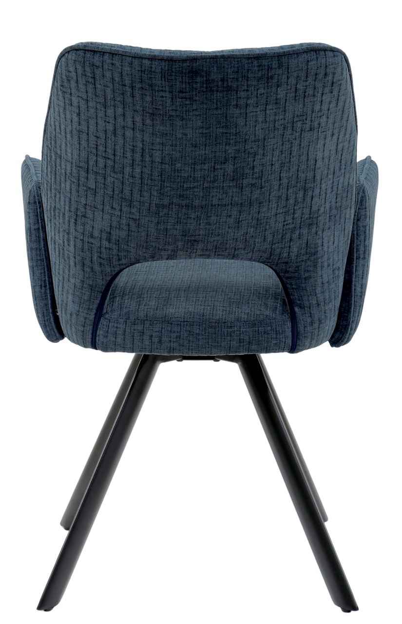 Rückansicht eines blauen Armlehnstuhls mit schwarzem Metallgestell
