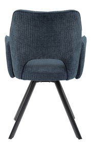 Rückansicht eines blauen Armlehnstuhls mit schwarzem Metallgestell