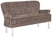 Braune Sitzbank mit Knopfdetails auf der Rückenlehne, seitliche Perspektive