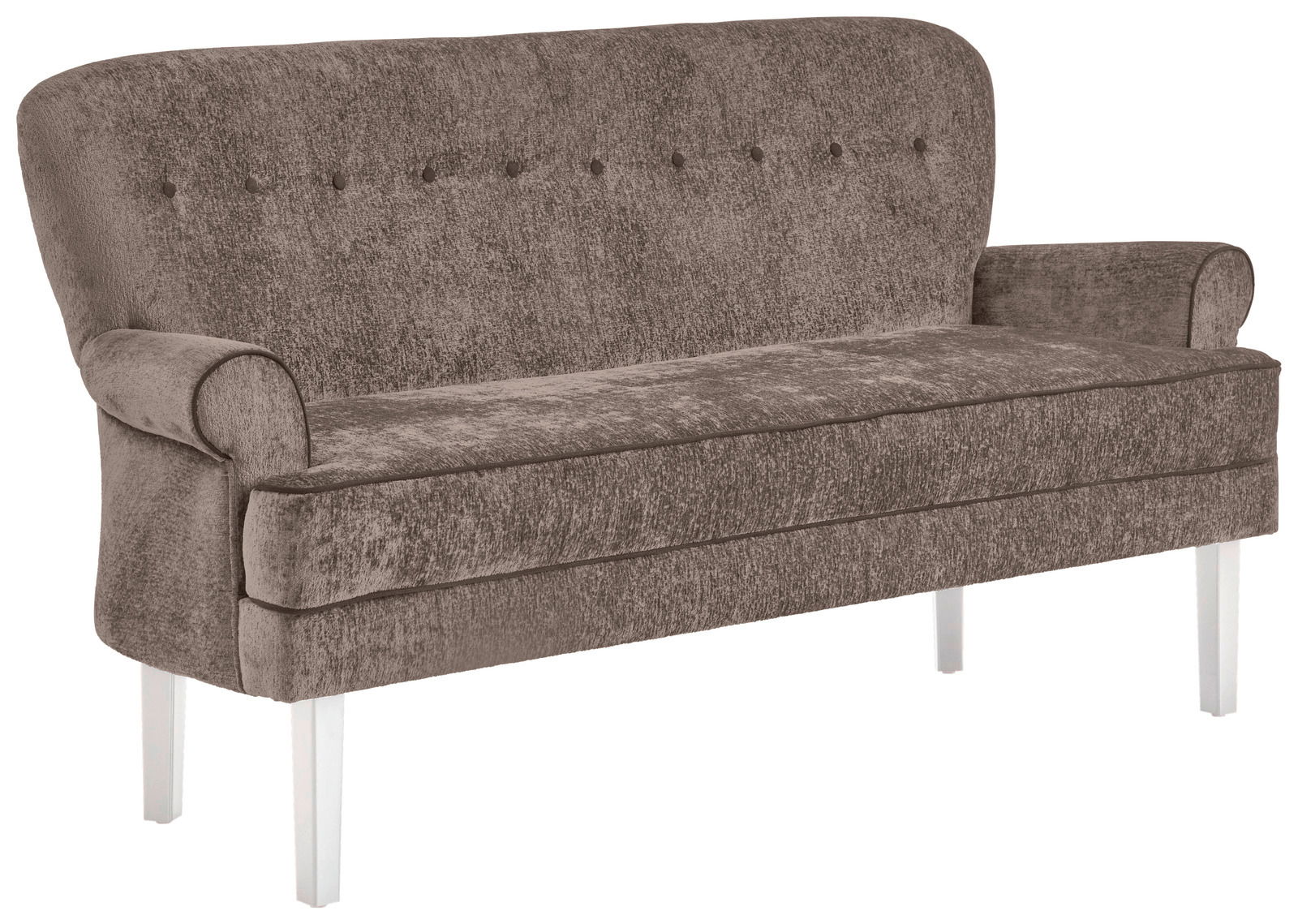 Braune Sitzbank mit Knopfdetails auf der Rückenlehne, seitliche Perspektive