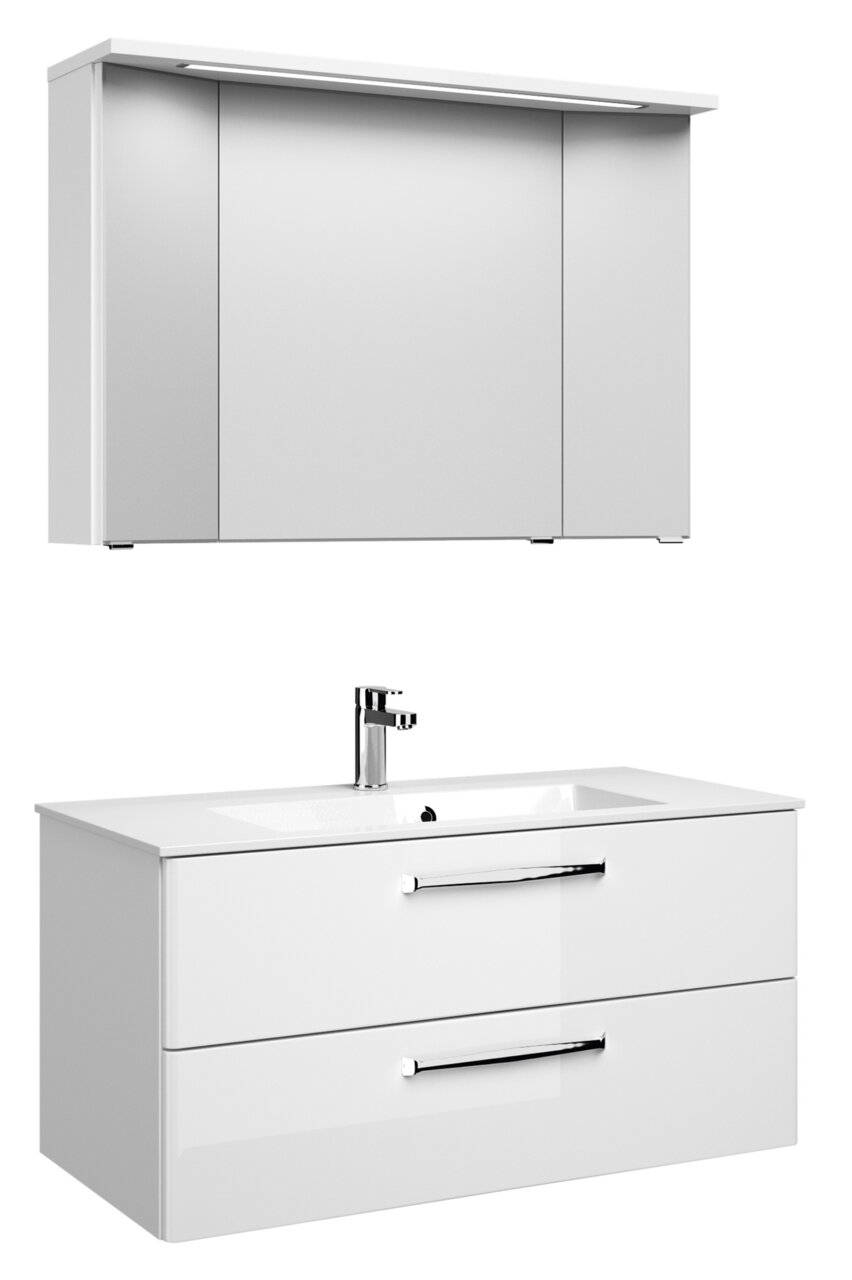Pelipal Badblock 107cm TRENTINO Moderner weißer Badblock mit Spiegelschrank und Waschbecken, Frontansicht