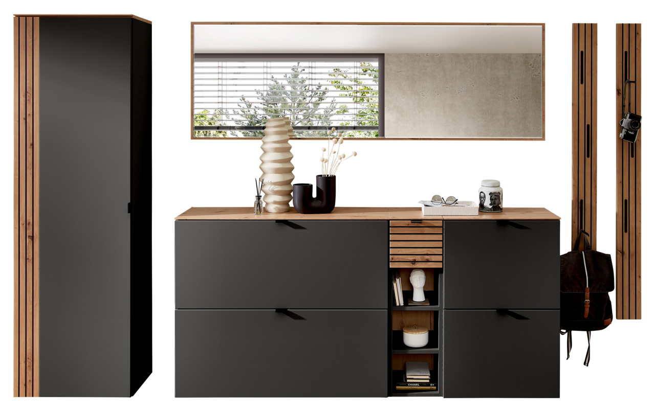 Voleo Garderoben-Set DIANA Garderoben-Set in Graphit mit Holzdetails, bestehend aus einem hohen Schrank, einer Kommode mit Dekoration und einem großen Spiegel. Frontale Perspektive.