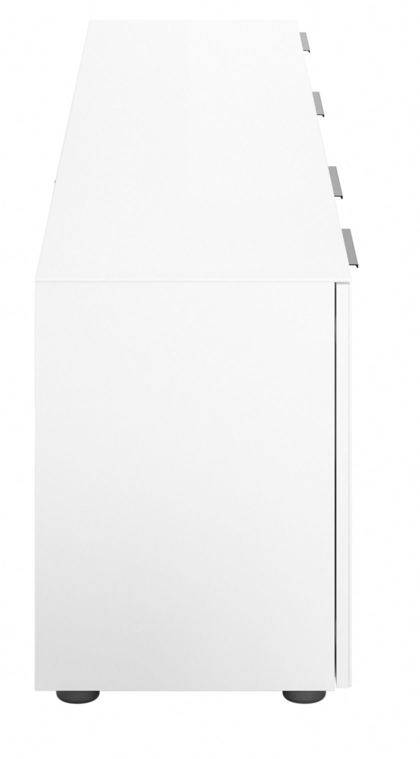 Seitenansicht eines weißen XL-TV-Lowboards mit schlichten Linien und modernen Griffen.