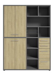 Aktenschrank hoch mit Holzoptik und grauen Regalfächern, Frontansicht