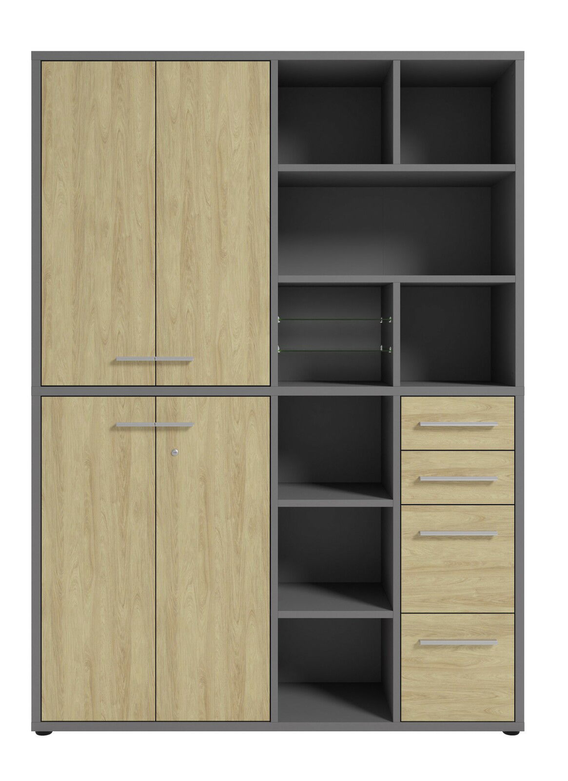 Aktenschrank hoch mit Holzoptik und grauen Regalfächern, Frontansicht