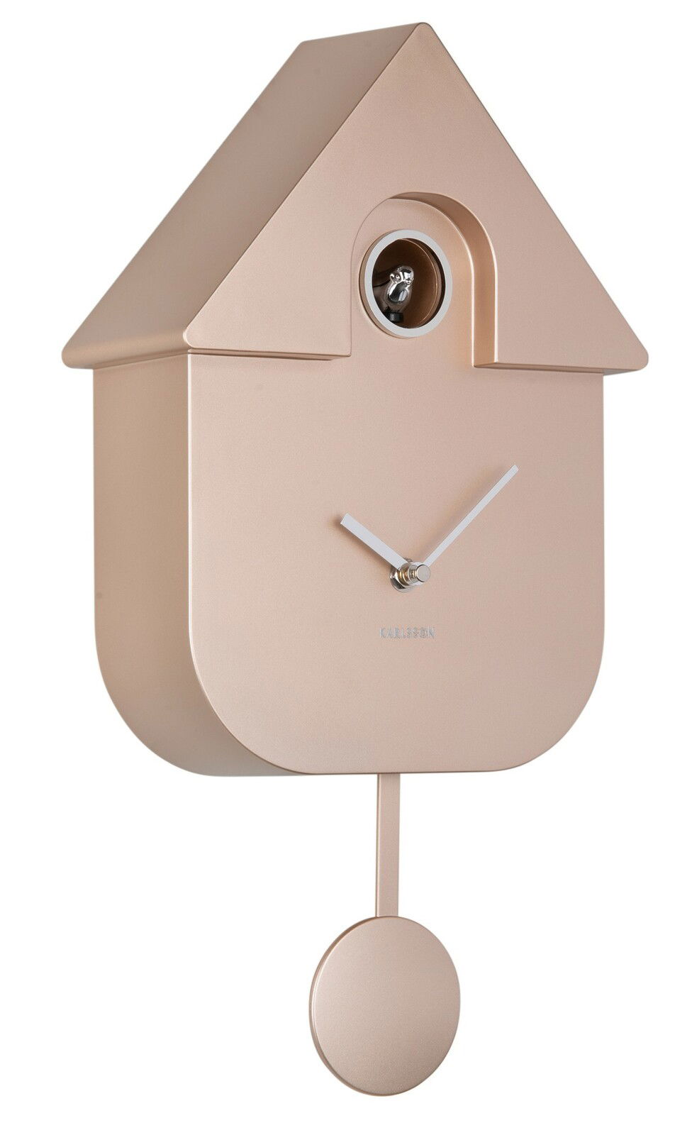 Moderne Wanduhr in Form eines Kuckucks mit Pendel, seitliche Perspektive