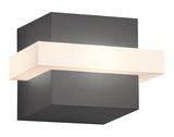 Moderne LED-Außenwandleuchte MITCHELL, 7,5W, in kubischem Design mit schwarzem Gehäuse und leuchtendem weißen Streifen, seitliche Perspektive