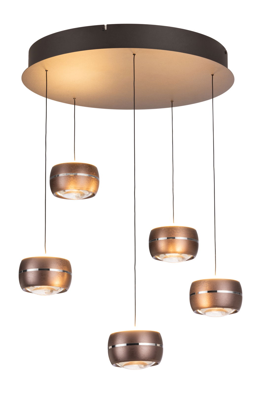 Moderne LED-Hängeleuchte mit fünf hängenden Leuchtkörpern in Bronzeoptik, von unten betrachtet.