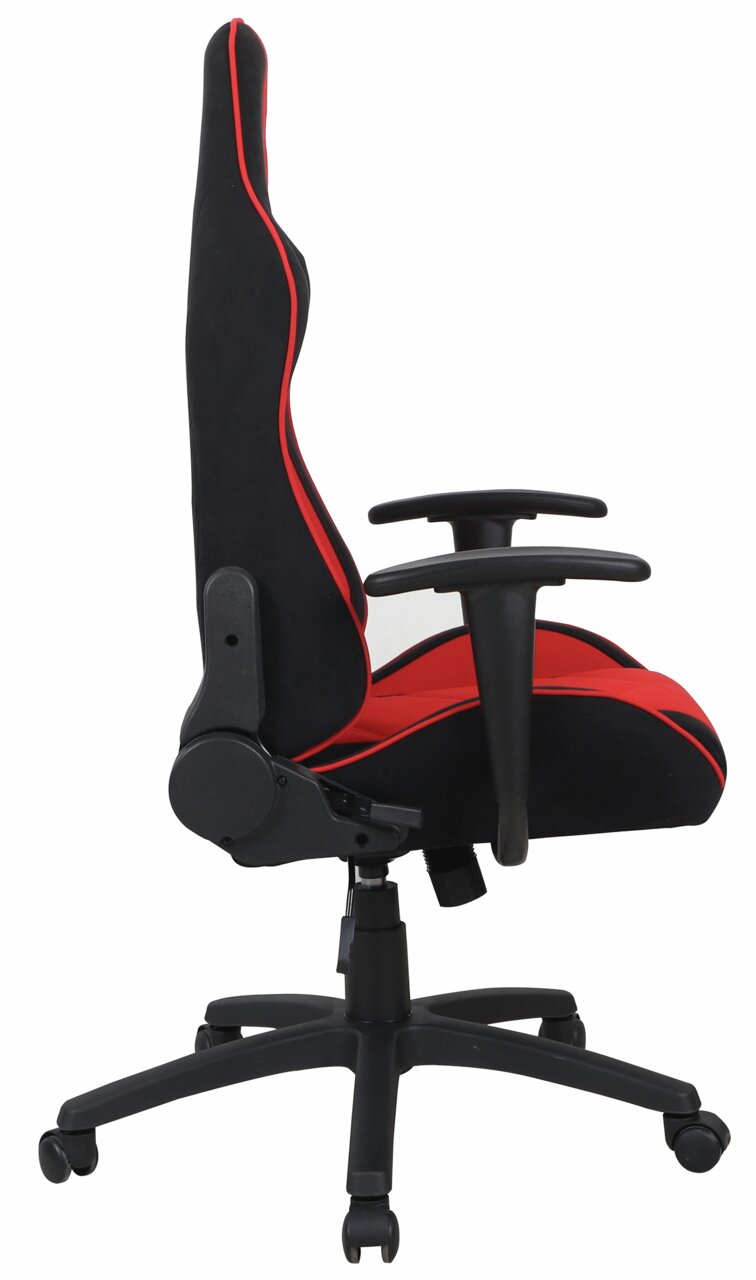 Zijaanzicht van een zwarte gamingstoel met rode accenten en verstelbare armleuningen.