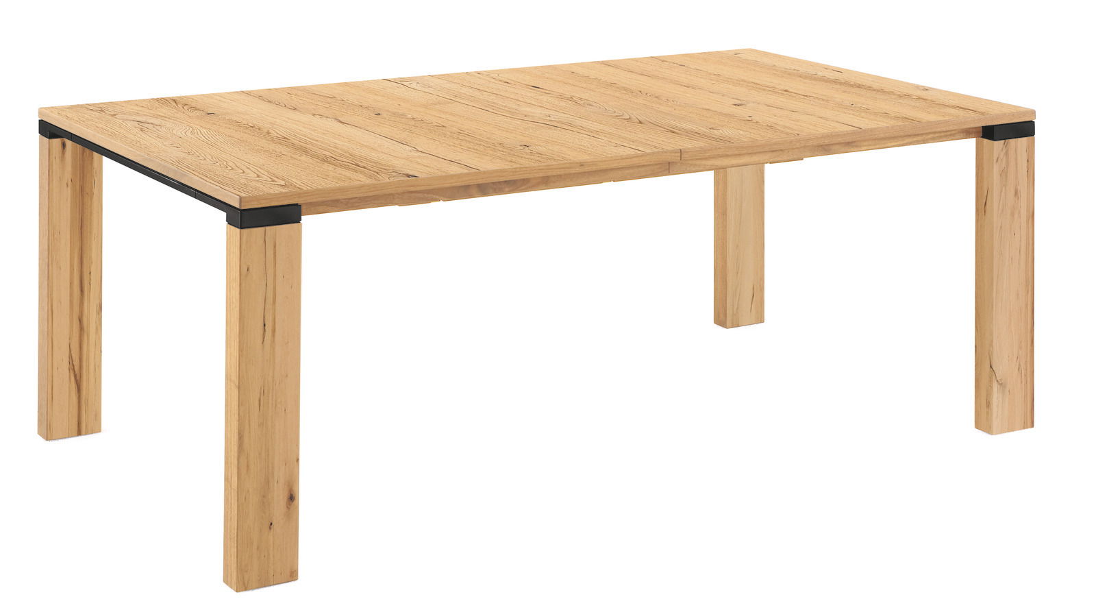 Moderner Esstisch aus hellem Holz mit schwarzem Akzent, seitliche Perspektive