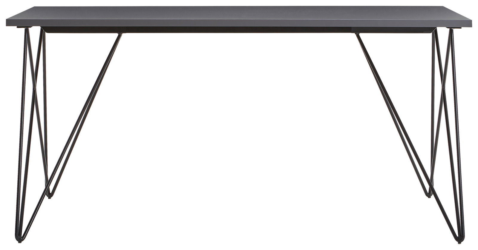 Moderner Schreibtisch mit schwarzer Tischplatte und filigranen Metallbeinen, Frontalansicht