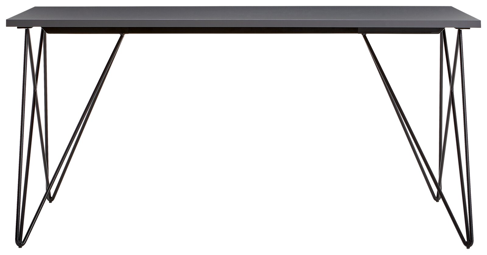 Moderner Schreibtisch mit schwarzer Tischplatte und filigranen Metallbeinen, Frontalansicht