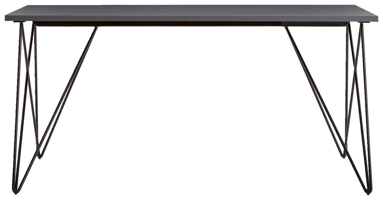 Moderner Schreibtisch mit schwarzer Tischplatte und filigranen Metallbeinen, Frontalansicht