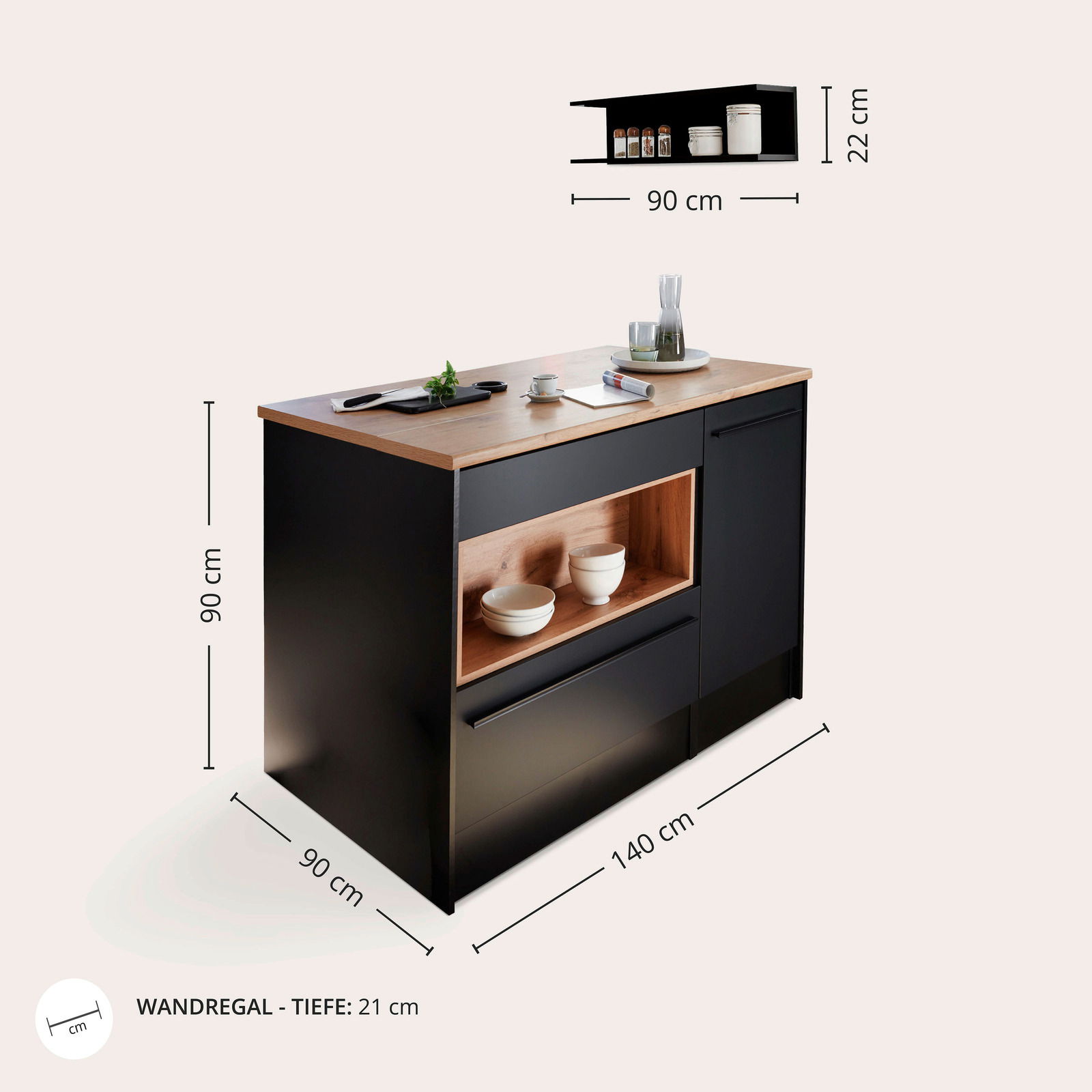 Kücheninsel mit schwarzem Korpus und Holzarbeitsplatte, seitliche Perspektive, mit integriertem Regal und Schublade, Maße 140x90x90 cm