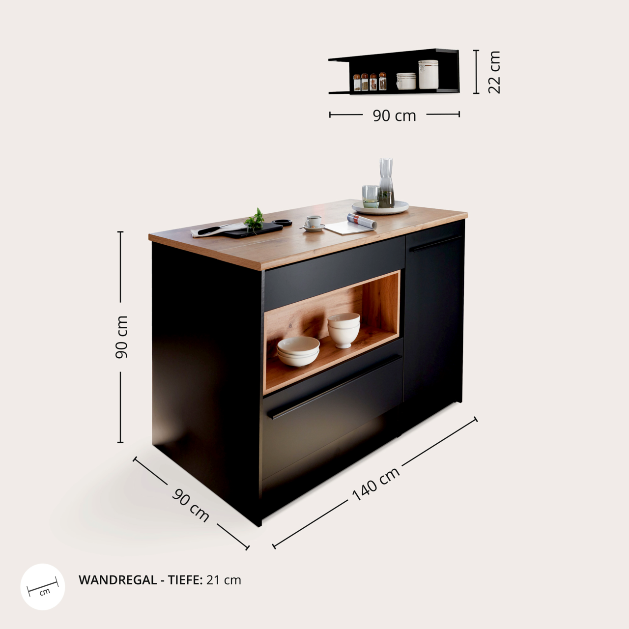 Kücheninsel mit schwarzem Korpus und Holzarbeitsplatte, seitliche Perspektive, mit integriertem Regal und Schublade, Maße 140x90x90 cm