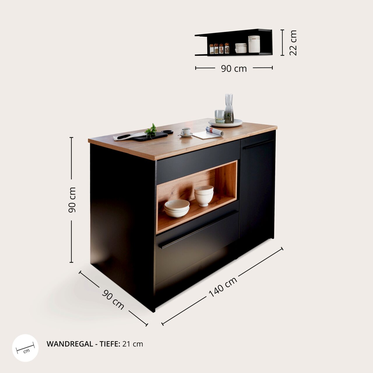Kücheninsel mit schwarzem Korpus und Holzarbeitsplatte, seitliche Perspektive, mit integriertem Regal und Schublade, Maße 140x90x90 cm
