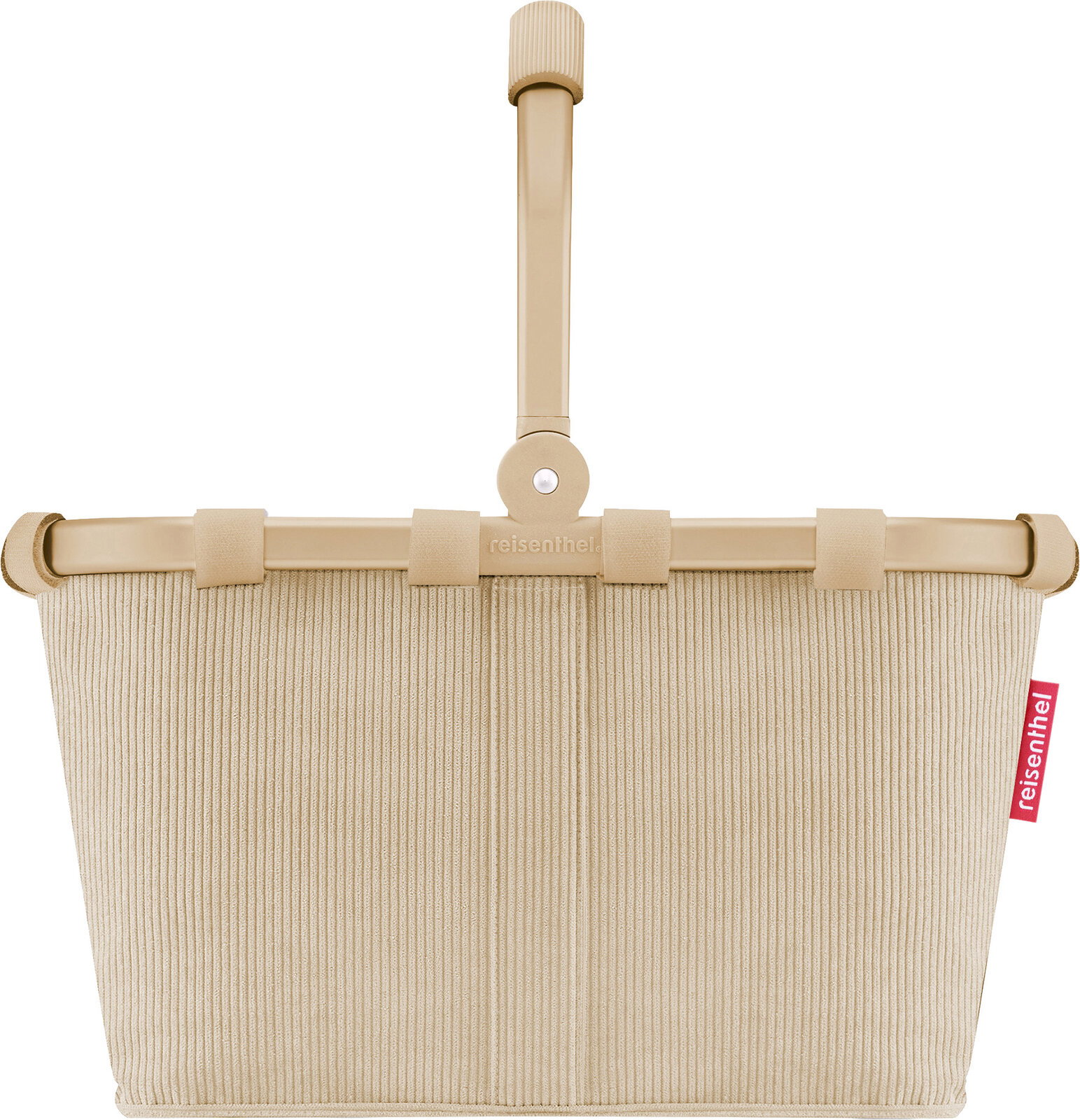 Beige reisenthel Einkaufskorb aus Cord mit klappbarem Griff, Frontansicht auf weißem Hintergrund