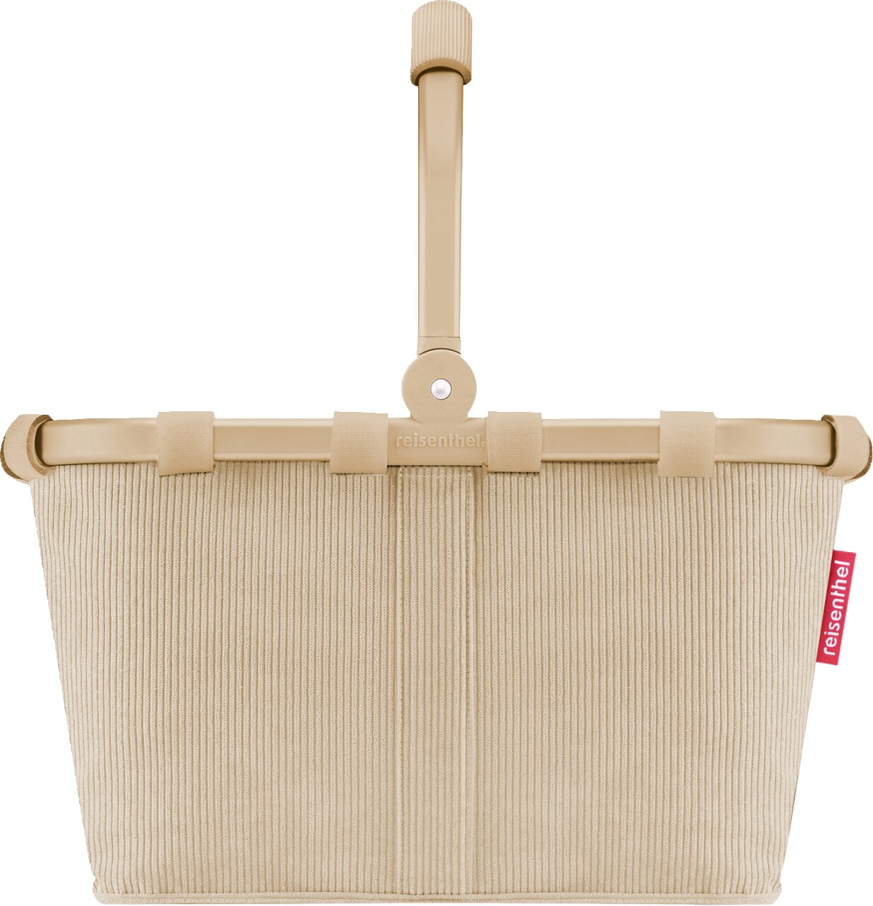 Beige reisenthel Einkaufskorb aus Cord mit klappbarem Griff, Frontansicht auf weißem Hintergrund