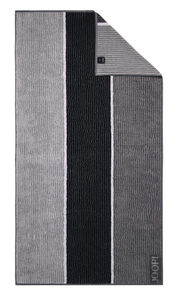 Graues und schwarzes gestreiftes Duschtuch in Draufsicht