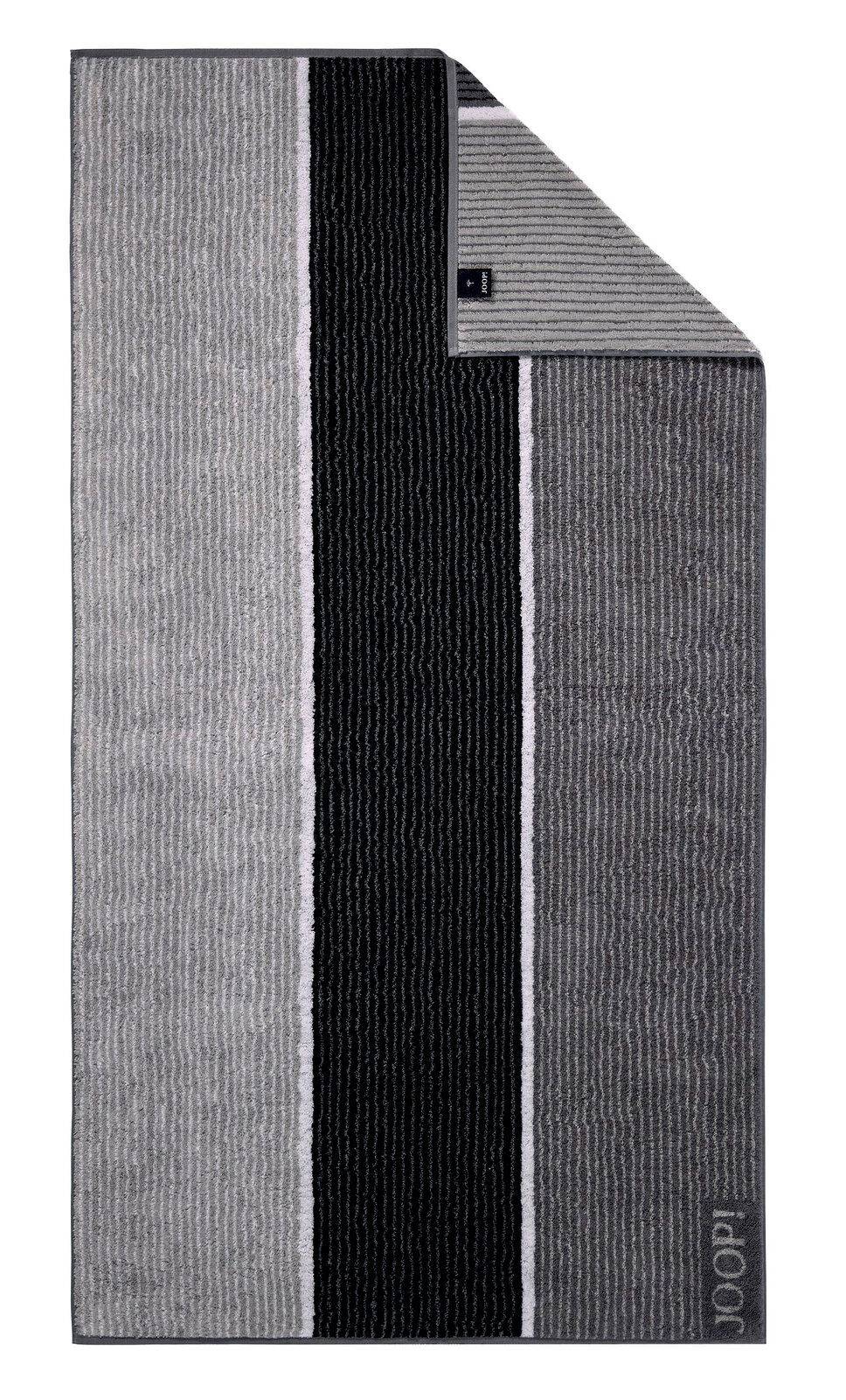 JOOP! Duschtuch SIGNATURE Graues und schwarzes gestreiftes Duschtuch in Draufsicht