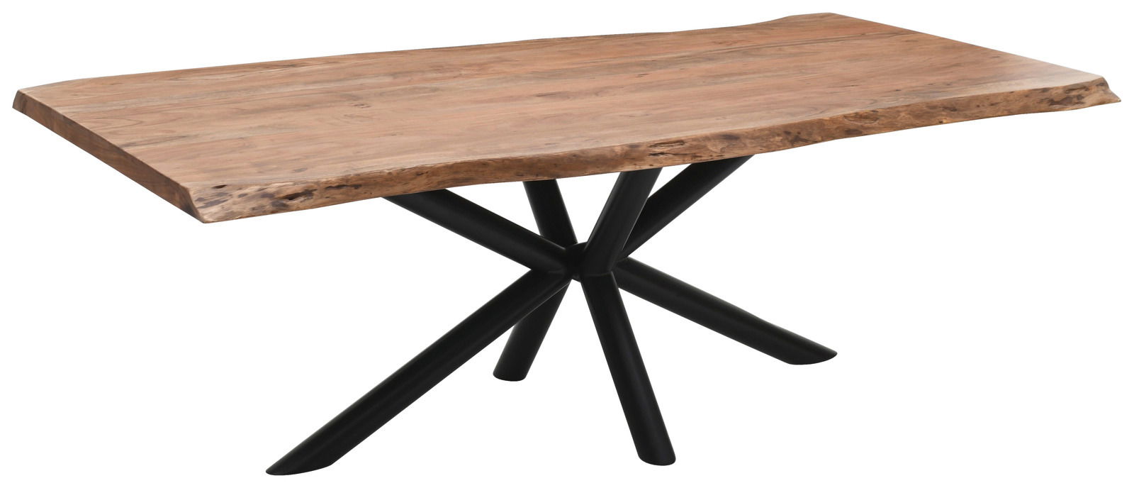 Moderner Esstisch mit natürlicher Holzplatte und schwarzem Metallgestell, seitliche Perspektive