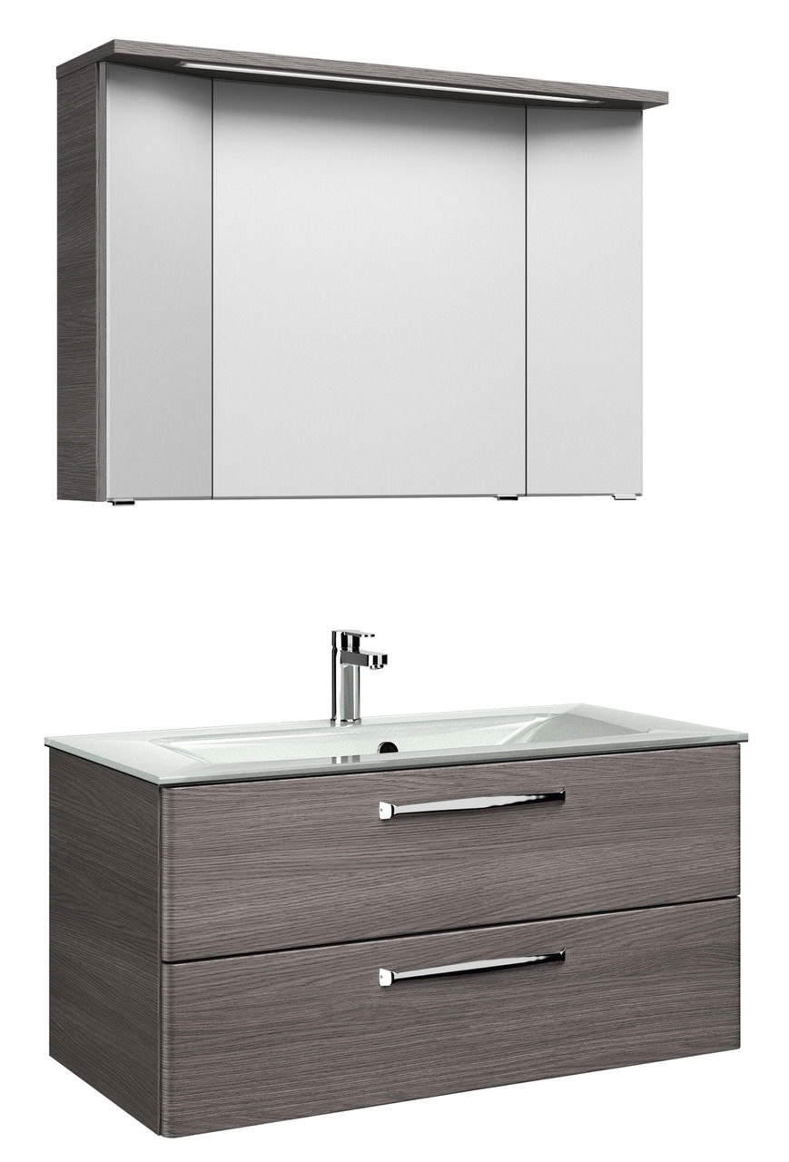Moderner Badblock mit Spiegelschrank und Waschbeckenunterschrank in Holzoptik, seitliche Perspektive