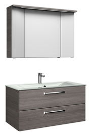 Moderner Badblock mit Spiegelschrank und Waschbeckenunterschrank in Holzoptik, seitliche Perspektive