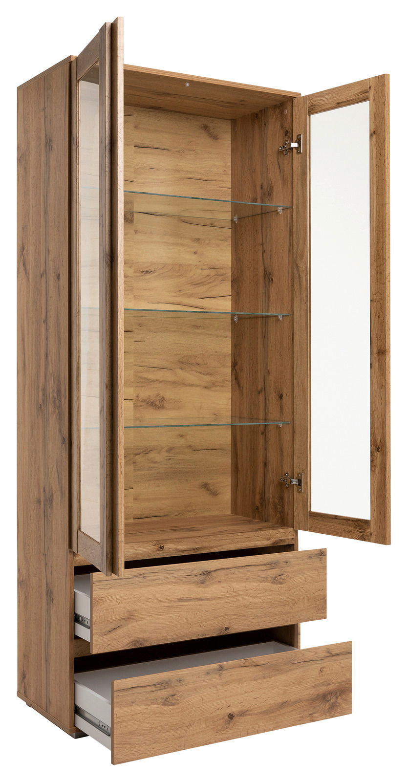 Geöffnete Vitrine aus Holz mit Glaseinlegeböden und zwei Schubladen, seitliche Perspektive