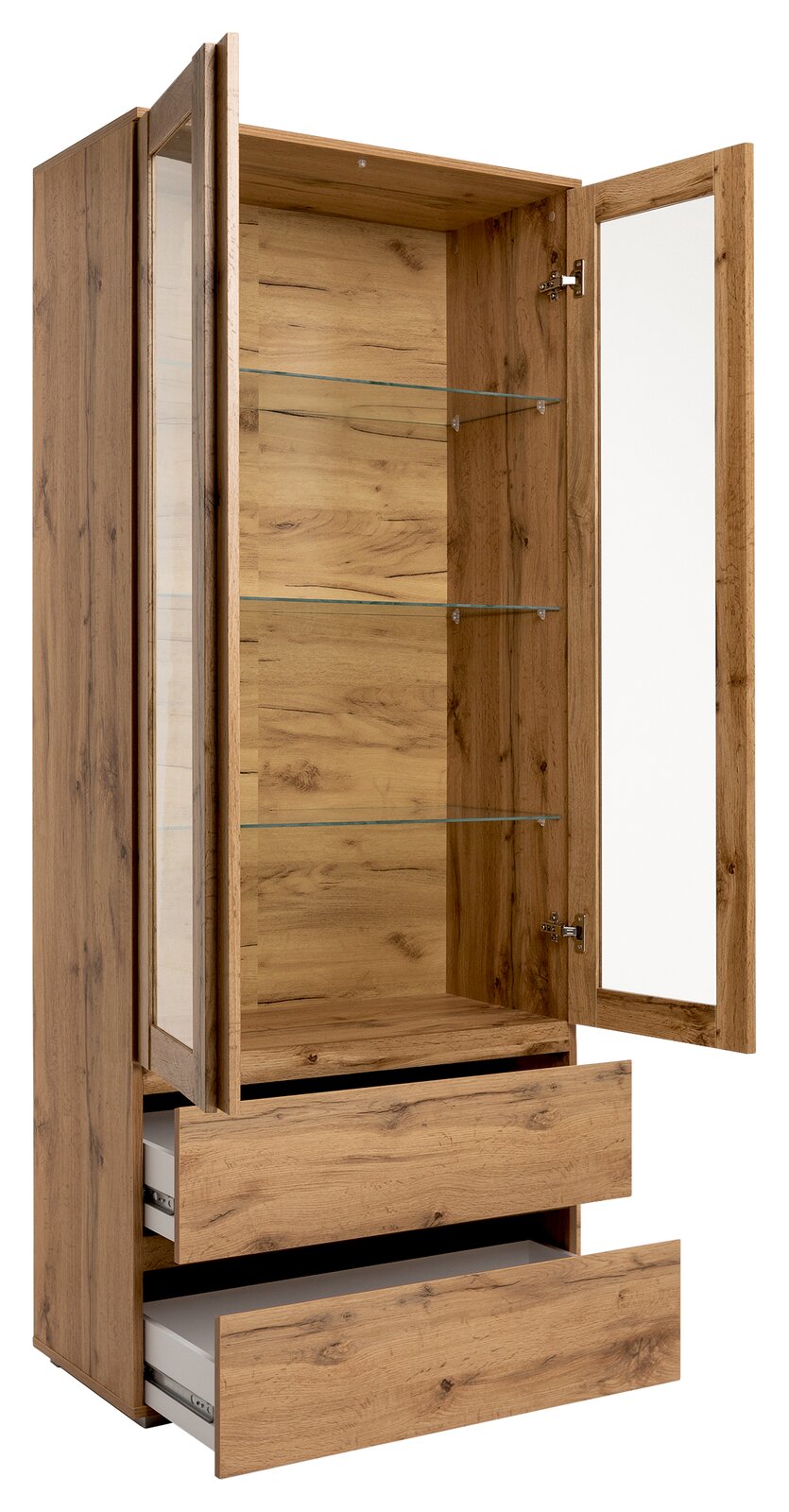 Geöffnete Vitrine aus Holz mit Glaseinlegeböden und zwei Schubladen, seitliche Perspektive