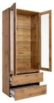 Geöffnete Vitrine aus Holz mit Glaseinlegeböden und zwei Schubladen, seitliche Perspektive