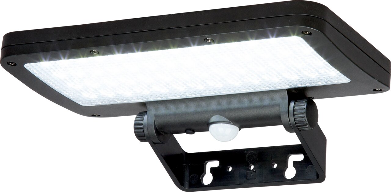Schwarze Solarleuchte mit LED-Licht und Bewegungsmelder, seitliche Perspektive
