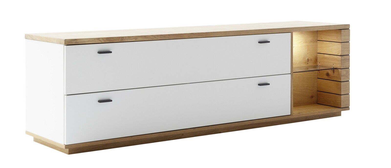 TV-Lowboard aus Holz mit zwei weißen Schubladen und einem offenen Fach, seitliche Perspektive
