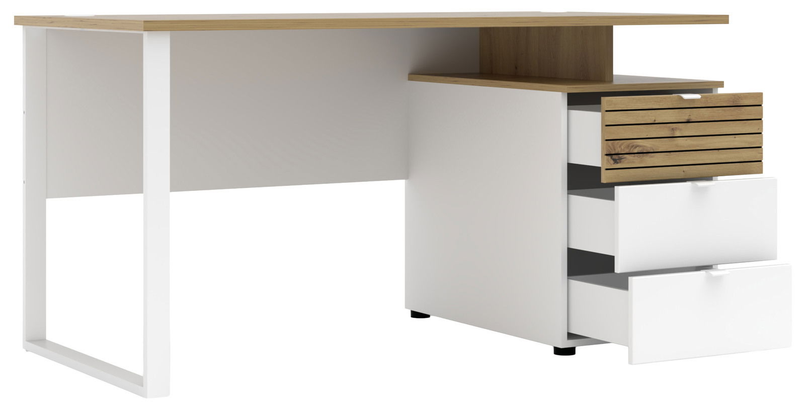 Moderner Schreibtisch mit weißem Gestell und Holzoberfläche, ausgestattet mit drei Schubladen, davon eine mit Holzfront. Perspektive von vorne rechts.