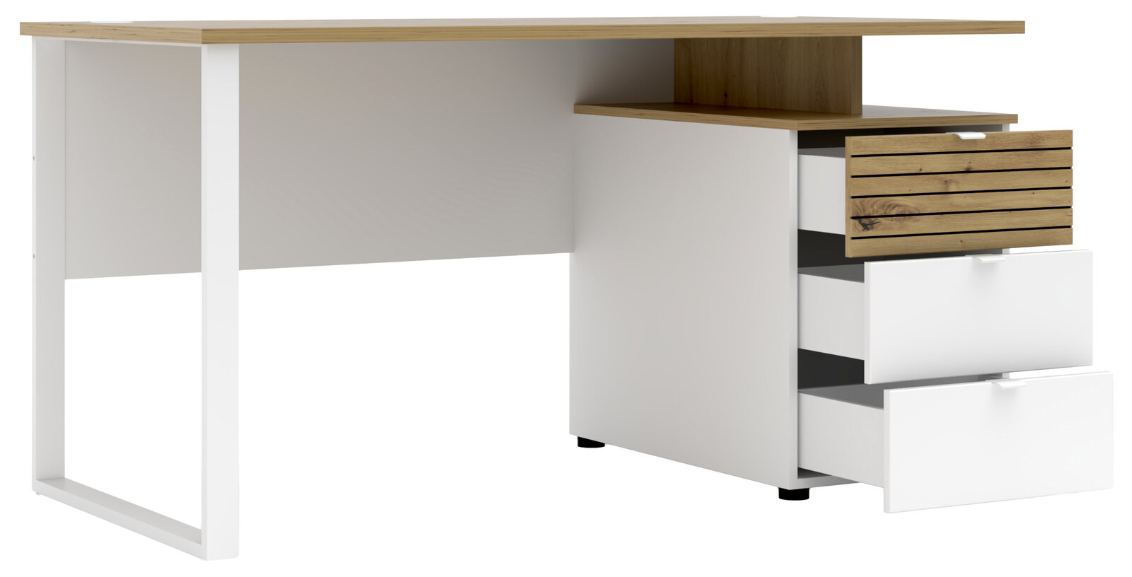 Moderner Schreibtisch mit weißem Gestell und Holzoberfläche, ausgestattet mit drei Schubladen, davon eine mit Holzfront. Perspektive von vorne rechts.
