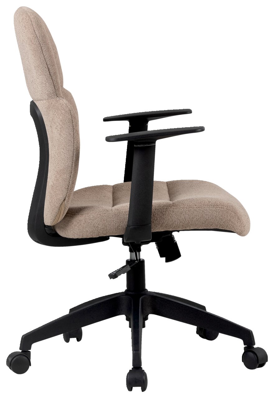 Zijaanzicht van een beige draaistoel met armleuningen en een zwart frame