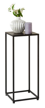 Moderner Beistelltisch mit schwarzem Metallgestell, darauf eine dekorative Vase mit Blumen und eine Kerze, seitliche Perspektive.