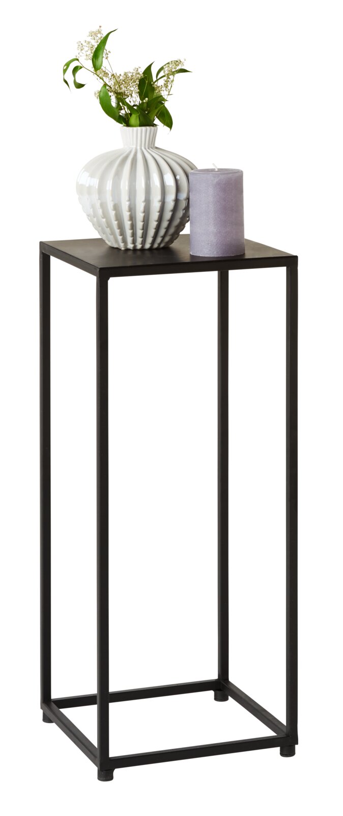 Landscape Beistelltisch SILKE Moderner Beistelltisch mit schwarzem Metallgestell, darauf eine dekorative Vase mit Blumen und eine Kerze, seitliche Perspektive.
