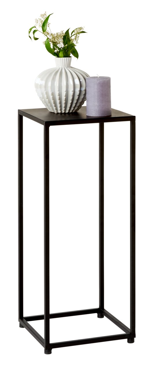 Moderner Beistelltisch mit schwarzem Metallgestell, darauf eine dekorative Vase mit Blumen und eine Kerze, seitliche Perspektive.