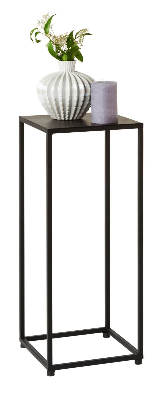Moderner Beistelltisch mit schwarzem Metallgestell, darauf eine dekorative Vase mit Blumen und eine Kerze, seitliche Perspektive.
