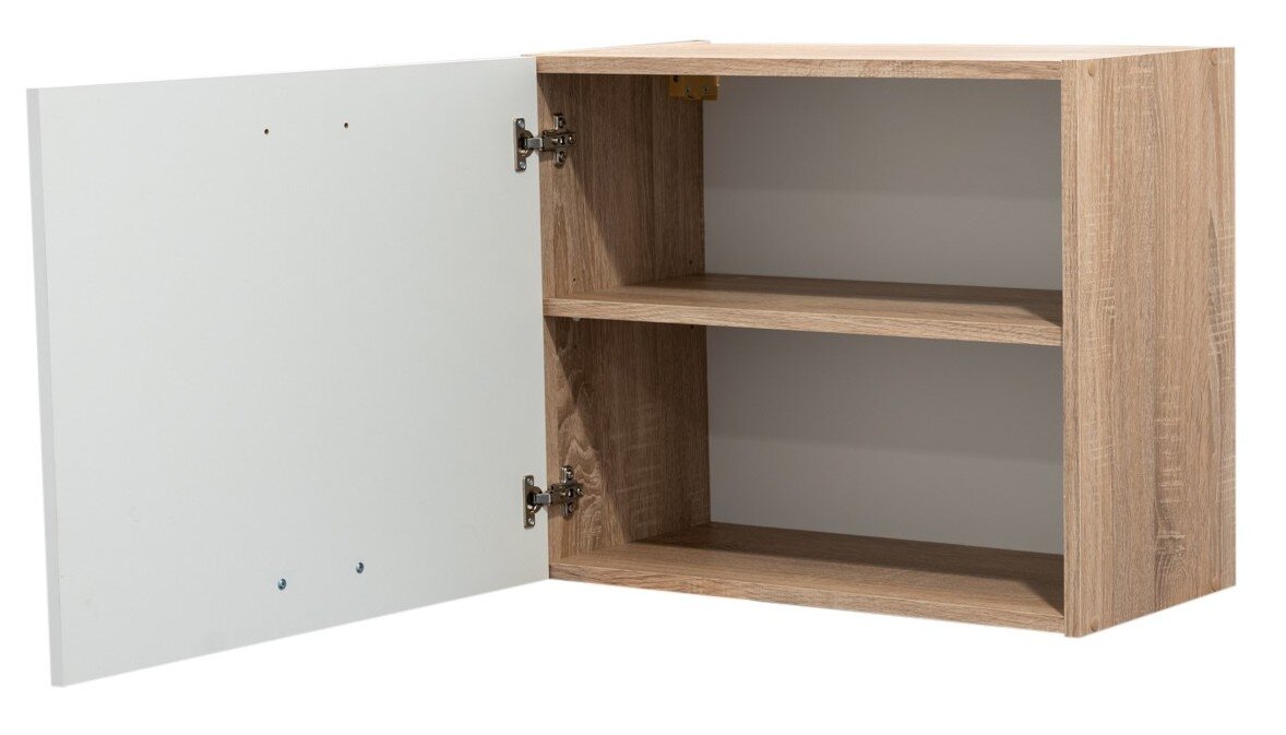 Hängeschrank 60 mit geöffneter Tür, zeigt zwei Regalböden aus Holzoptik von schräg vorne.